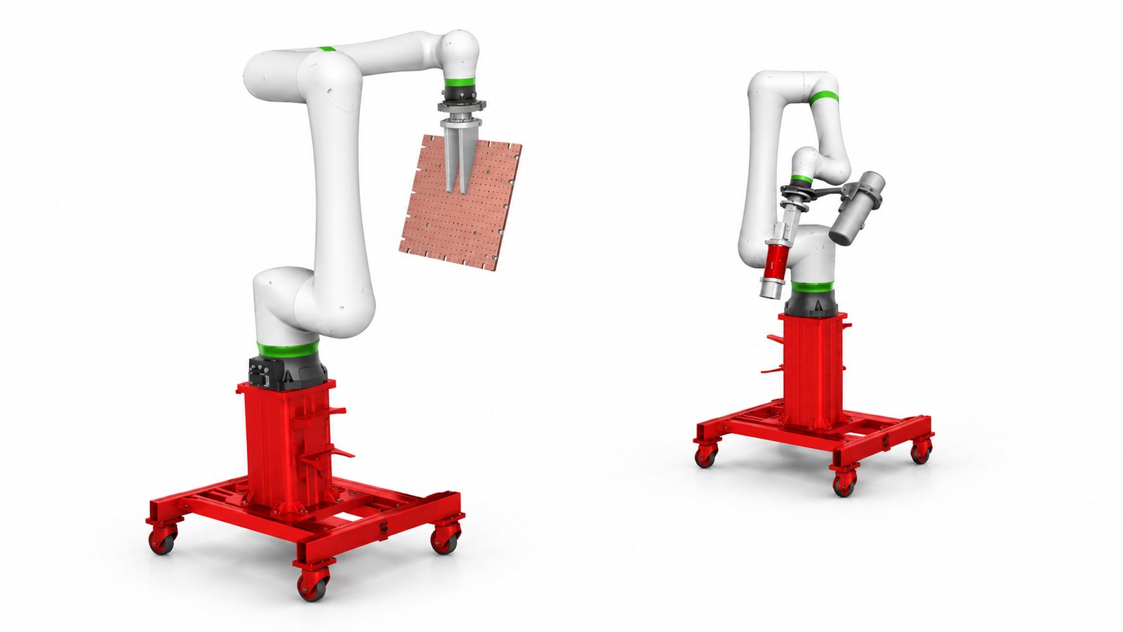 Rendering des RayBotic Twin-Robot-CT: zwei Roboter auf mobil verstellbaren Säulen umfahren ein flaches Prüfobjekt